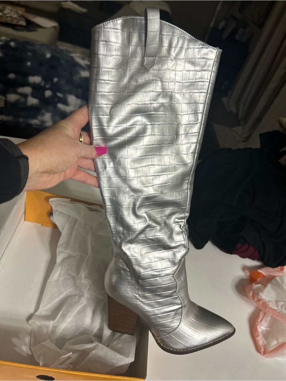 Women's Silver Croc-Textured Knee-High Block Heel Cowboy Boots
